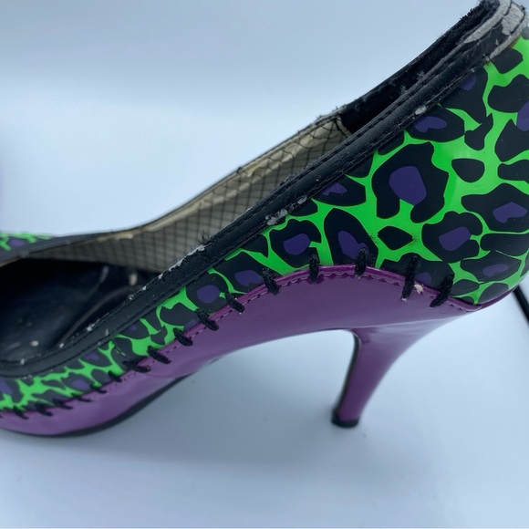 TUK T.U.K. Green & Purple Stitches Animal Print Heels Pin-up Sz 6 Halloween - Picture 7 of 11